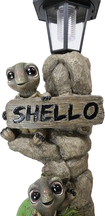 Ebros Gift Whimsical 2 Baby Tortoise Turtles Holding Shello Greeting Sign On Rock Outpost Solar LED Courtesy Path Light Garden Statue Home Decorative Patio Figurine