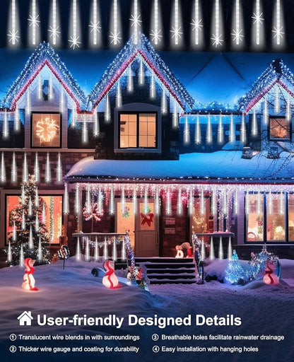 Meteor Shower Lights Outdoor Christmas Lights UL Certified Falling Rain Drop Snowfall Icicle Cascading String Light for Xmas Holiday Tree Wedding Party Garden Decor White, 20 Inch 20 Tubes