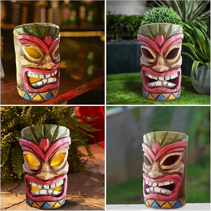 Tiki Head Solar Statue Light for Garden Decor and Bar Decoration (Red)