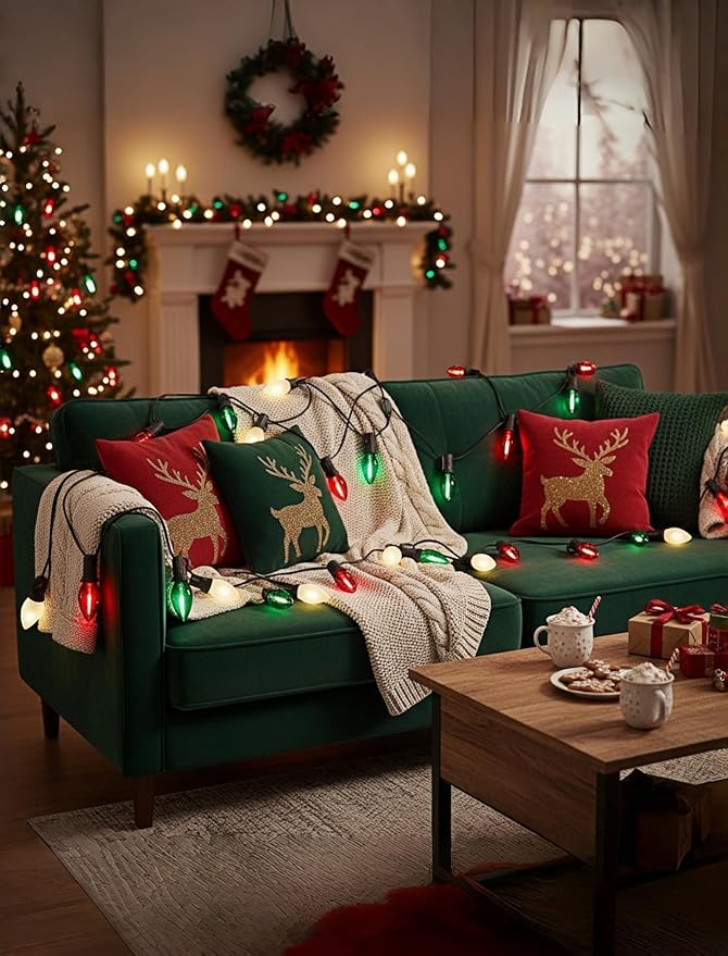25FT Red Green White Christmas Lights,Multicolor LED C7 Christmas String Lights with 27 LED Bulbs,Dimmable Hanging Lights Candle for Outside Porch Garden Roofline Party Decor