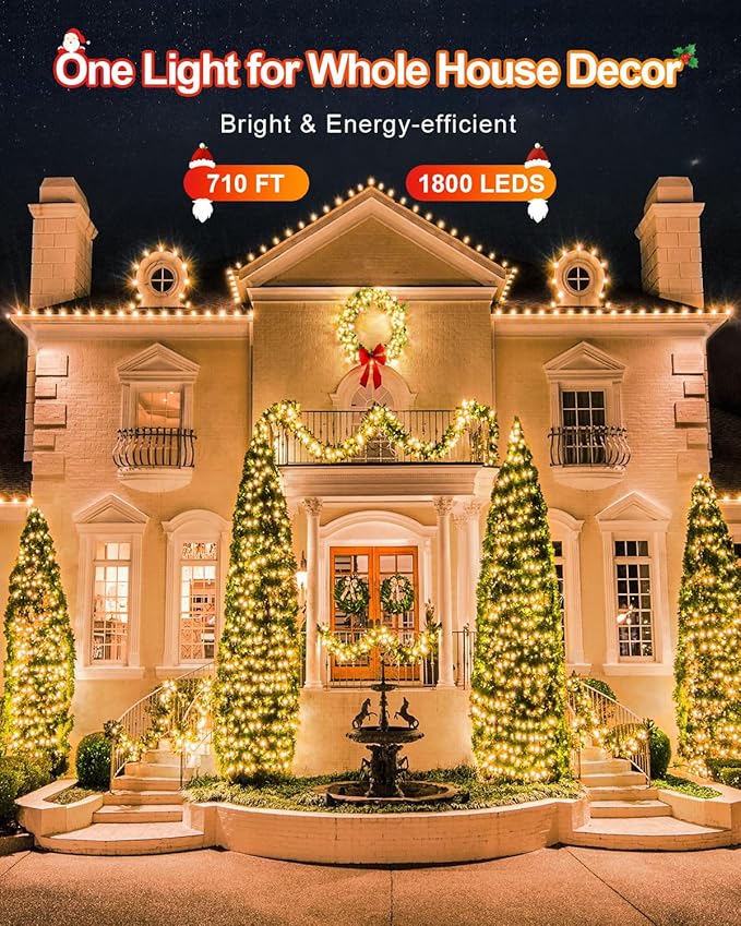 Warm White Christmas Lights Outdoor Total 710FT 1800 LED , 2 Packs 900 LED Outdoor String Waterproof, Timer & Memory, 8 Modes Dimmable Plug in Fairy for Outside Tree Holiday Party Wedding Decor