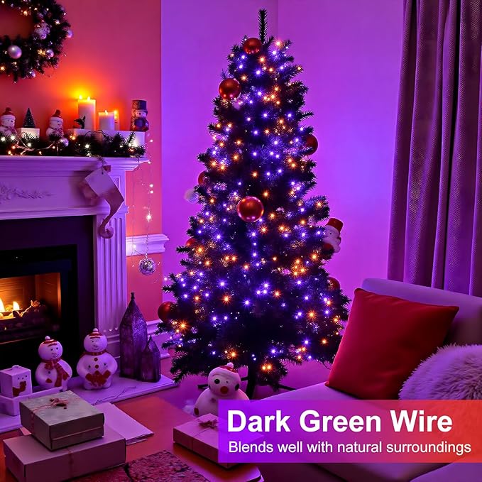Orange and Purple Christmas Lights, 66FT 200 LED Christmas Lights Outdoor with 8 Modes Waterproof, Plug in Twinkle Tree Light Green Wire for Indoor Bedroom Garden Patio Party Decorations