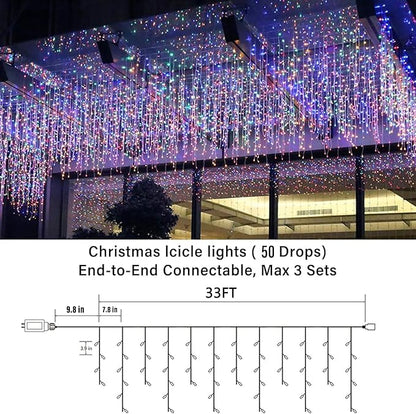 Joomer Christmas Icicle Lights - 33FT Plug in String Lights Waterproof, 8 Modes Timer Connectable Outdoor String Light for Christmas Party, Eaves, Roofs, Xmas Decorations (Multicolor)