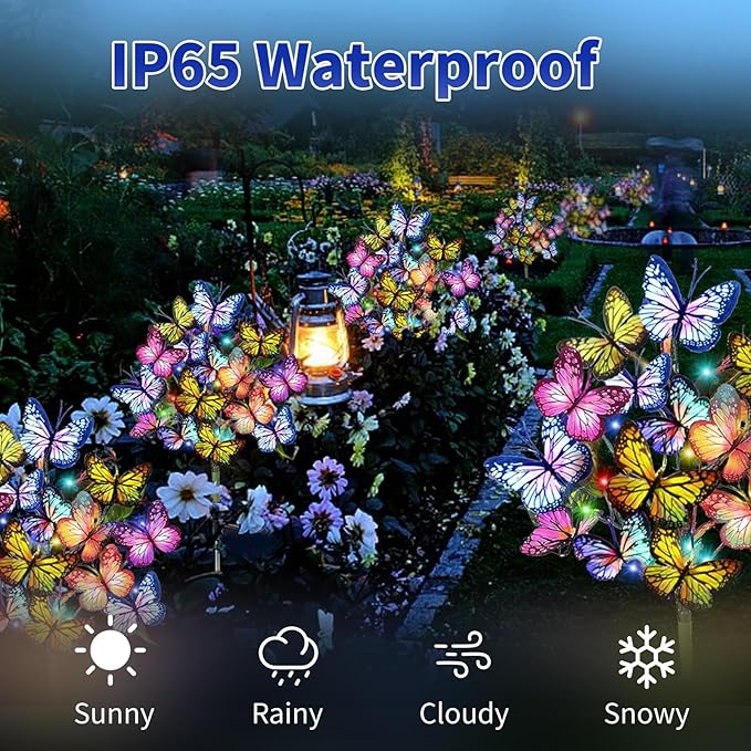Butterfly Solar Lights for Outside, 2 Pack 34 Butterfly Waterproof Decorative Garden Lights, Color-Changing Butterfly Design, Outdoor Solar Powered LED Lights for Patio,Yard,and Pathway