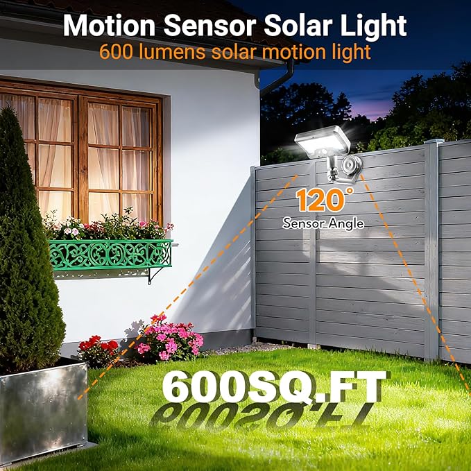 Magnetic Solar Motion Lights Outdoor, Motion Sensor Outdoor Lights with 92 LEDs, 360°Rotatable Adjustable Solar Fence Lights (600 LM,6000 K), Waterproof Security Light for Deck,Gutter,Camping (2 Pack)