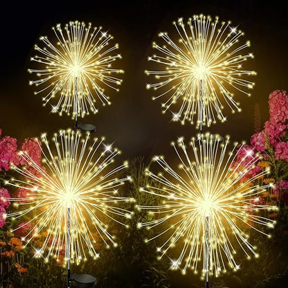 ALSO GO Solar Garden Lights Outdoor Waterproof, 4 Pack 480 LED Solar Firework Lights, Decorative Garden Décor Outside for Flowerbed Pathway Party Christmas Decoration, Warm White