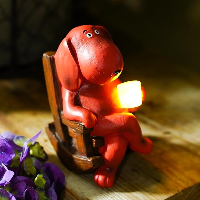 Dog Solar Statue Drinking Coffee Statue Decoration with Solar Light Figurine Ornament for Indoor Outdoor Home Patio Yard Lawn