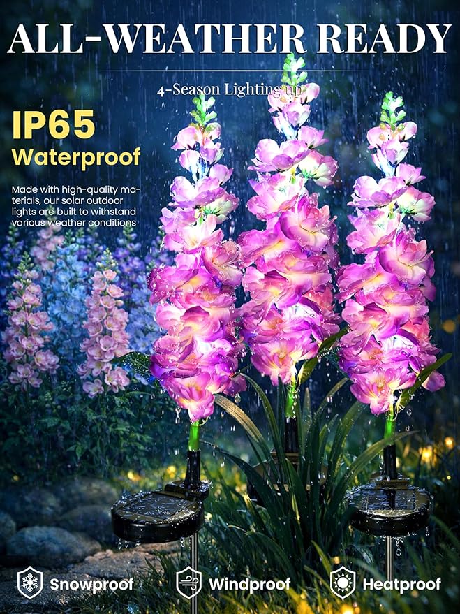 GIGALUMI Solar Lights Outdoor for Garden Decor, 3 Pack Solar Flower Lights Waterproof, 2 Lighting Modes Delphinium for Pathway,Yard, Patio Decoration, Gardening Gifts for Women (Purple)