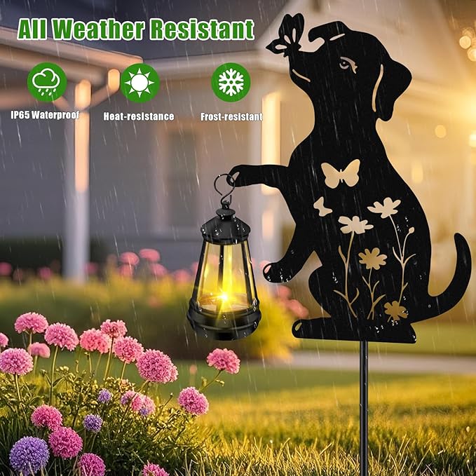 Solar Garden Statues Dog Decor - Outdoor Metal Lantern Silhouette Stake, Waterproof Solar Lights for Yard Patio | Lumora