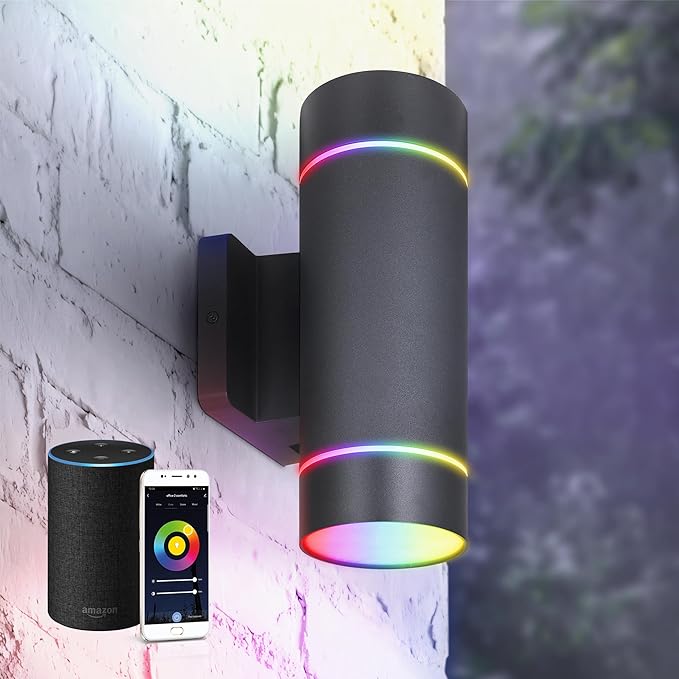 ASD 2 Light Smart RGBW LED Indoor & Outdoor Wall Light Fixture | 30W 900LM 2700K-6500K 120V Cylinder Up Down Lights | Waterproof Exterior Wall Sconce | Front Door, Porch, Patio | Black, ETL