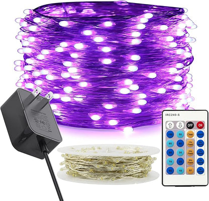 RUICHEN Dimmable Purple Fairy Lights Plug in, Waterproof Silver Wire 66 Ft 200 LED Starry String Lights with Remote for Christmas Halloween Party Bedroom Patio Garden