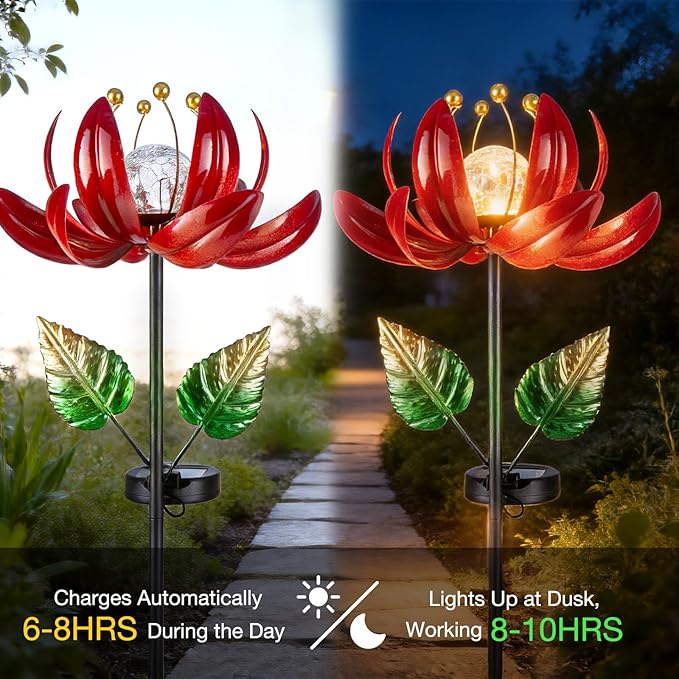Solar Lights Outdoor Garden Decor, Solar Wind Spinner Yard Decorations Gifts for Outside, Lotus Windmill Pathway with LED Cracked Crystal Ball Waterproof Flower Sculpture for Patio Lawn