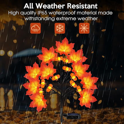 Fall Solar Lights Outdoor, Solar Powered Fall Stake Lights with 20 Maple Leaf and 20 Pumpkin for Yard, Patio, Lawn, Garden, House, Home Outside Thanksgiving Harvest Decorations(2 Pack)