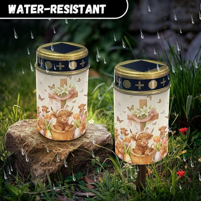 Highland Cattle Solar Light for Cemetery Grave Outdoor Easter Cross Waterproof Solar Grave Lights Yard Park Decoration