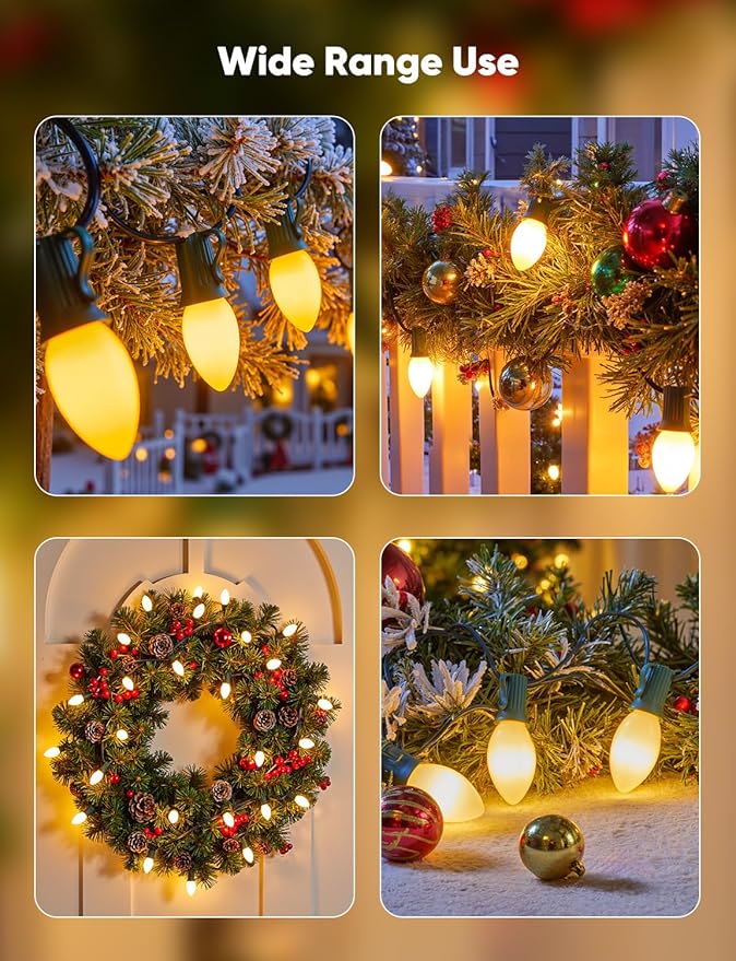 Vintage C9 LED Christmas Lights Outdoor, 25FT Christmas String Lights with 25 Bulbs, Connectable Waterproof Lights for Christmas Tree Roofline Garden Patio Backyard Decoration, Warm White