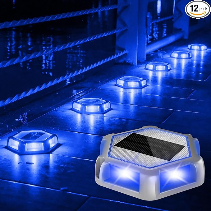 Solar Dock Lights Driveway Deck Lights - 12 Packs Waterproof Outdoor LED Aluminum Dock Lighting Warning Step Light for Driveway Sidewalk Garden Pathway Yard (Blue)