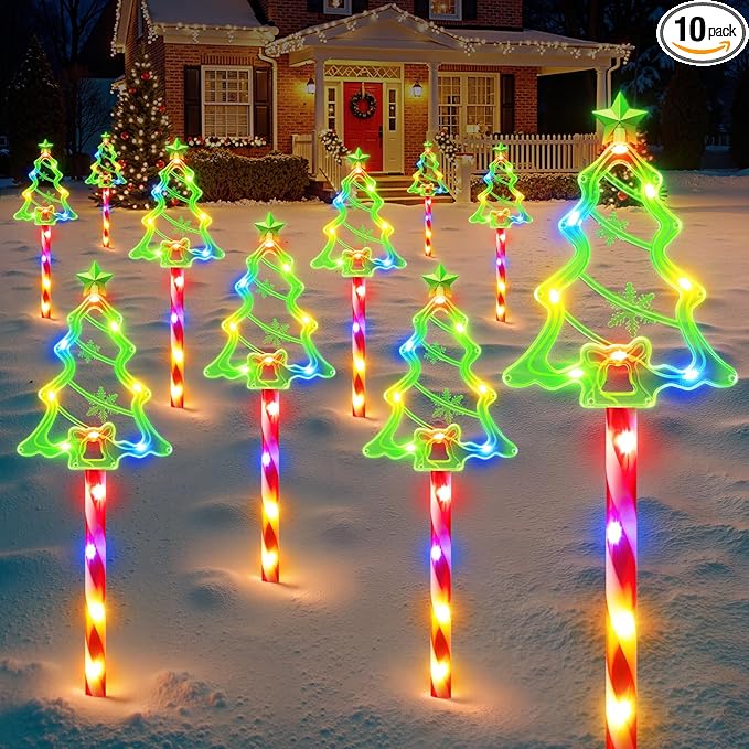 WdtPro Solar Christmas Pathway Lights Outdoor Decorations, 10 Pack Xmas Tree Candy Lights for Yard Walkway Lawn Porch, 10 Modes Led Waterproof Garden Patio Stake Lights Holiday Decor