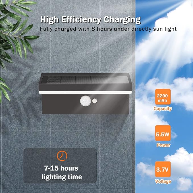 Solar Outdoor Wall Lights 2 Pack,Motion Sensor Waterproof Dusk to Dawn Solar Porch Wall Mount Lamp Black Modern Exterior Light Fixture 3000K 5W for Garage House Patio