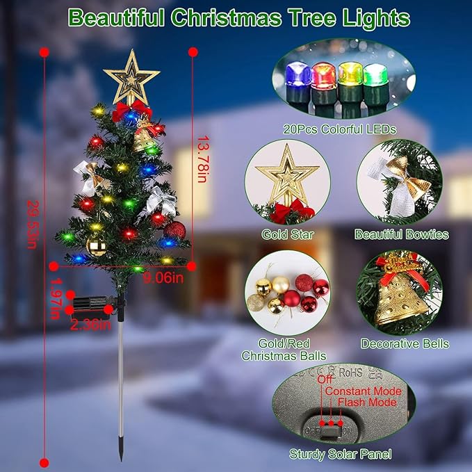 4 Pack Solar Christmas Decorations Tree Lights, Upgraded Outdoor Solar Stake Decorative Lights Xmas Tree W/20 LED-RGB Lights, IP65 Waterproof, Dual Lighting Modes,for Garden Pathway Lawn Patio
