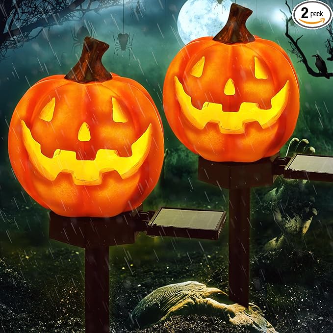 Retisee 2 Pcs Halloween Pumpkin Pathway Solar Lights Orange Jack O Lantern Stake Lights for Outdoor Halloween Decorations Yard Display LED Front Porch Decor(Classic Style,Orange)