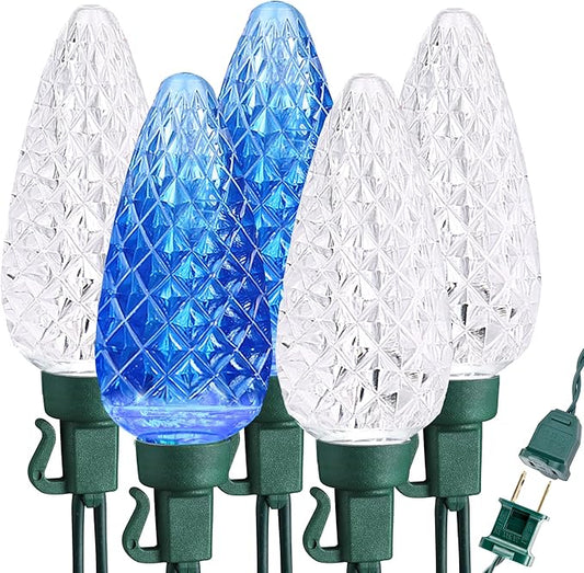 Brizled Blue & White 33ft 50 LED Faceted Outdoor Xmas Lights, Connectable, UL Certified Waterproof for Christmas Tree House Roof Party Decor