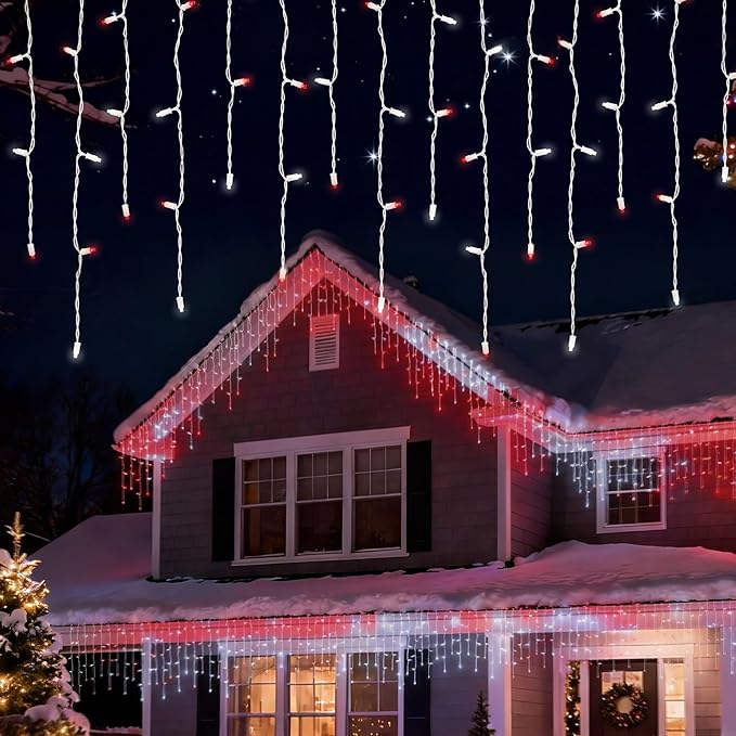 7ft Icicle Lights, 70 LED Red & White Twinkle String Lights, Commercial Grade IP68 Waterproof, Soft Glow Mini LED Icicle Lights for Christmas Party, Eaves, Roofs, Holiday Indoor Outdoor Decoration