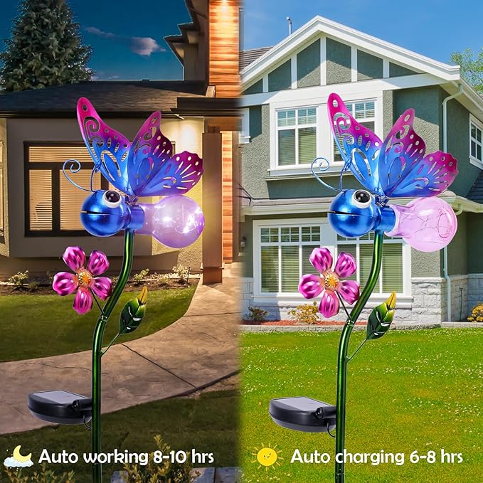 Afirst Decorative Solar Lights Outdoor Solar Butterfly Stake Lights Metal Decorative Garden Lights Outdoor Waterproof Stakes for Pathway Yard Lawn Decoration Mothers Day Mom Gifts