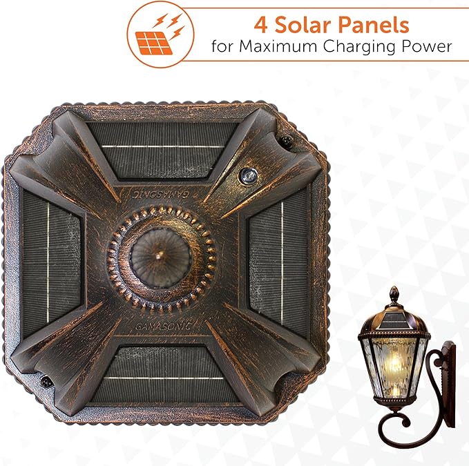 Gama Sonic Solar Outdoor Wall Light, Royal Bulb Exterior Sconce Lamp, Brushed Bronze Finish Aluminum, Clear Beveled Glass, Warm White LED, Large 21-Inch Height, 98B110 Upgraded Panel and Battery