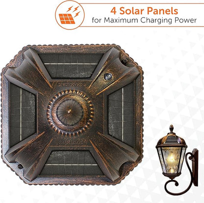 Gama Sonic Solar Outdoor Wall Light, Royal Bulb Exterior Sconce Lamp, Brushed Bronze Finish Aluminum, Clear Beveled Glass, Warm White LED, Large 21-Inch Height, 98B110 Upgraded Panel and Battery