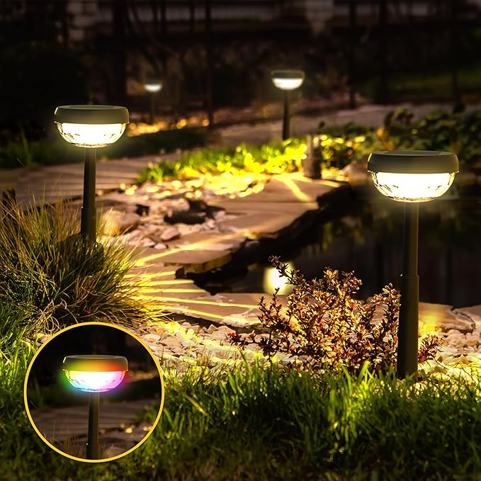 Ensenior Solar Pathway Lights IP65 Waterproof, RGB Color Changing & 3000K Warm White, 8-16Hr Runtime, Flower | Lumora