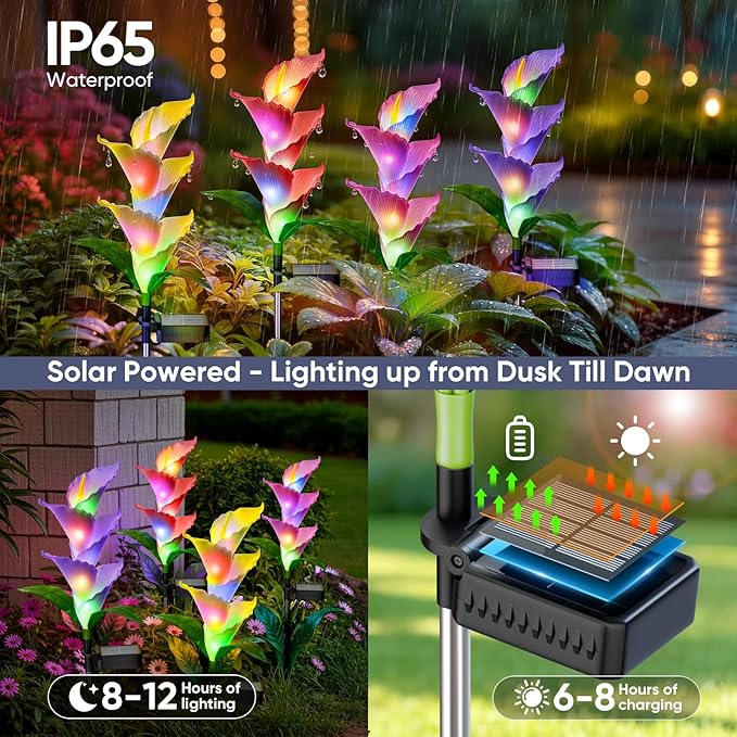 Solar Flowers Lights Outdoor: 4 Pack Color Changing Calla Lily Garden Lights for Yard Pathway Decorations - Waterproof PU LED Solar Powered - Perfect Brithday Gifts for Women Mom Grandma