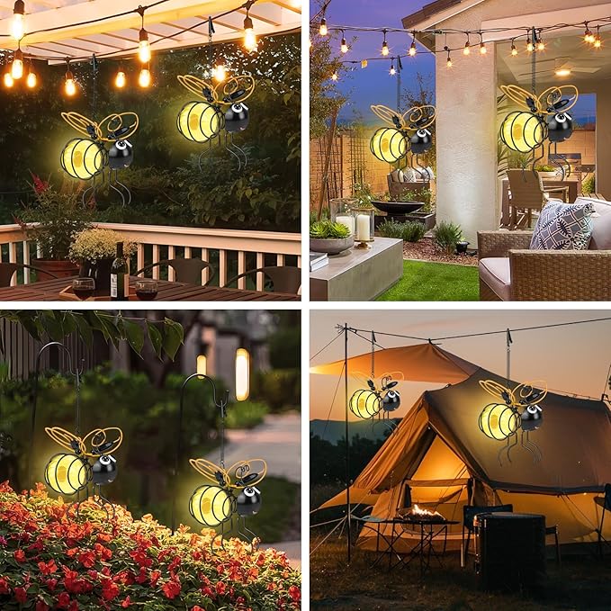 Solar Hanging Bees Lights 2 Packs - Cute Solar Insect Lights Outdoor Waterproof, Metal LED Bugs Lamp Garden | Lumora