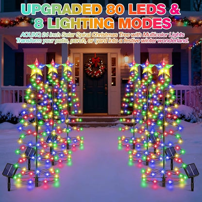 24" Spiral Solar Christmas Tree Outdoor Decorations 2 Pack - Upgrade 80 LEDs Multicolor Solar Christmas Lights with 8 Lighting Modes, Waterproof Pre-lit Xmas Tree for Pathway Garden Patio Yard