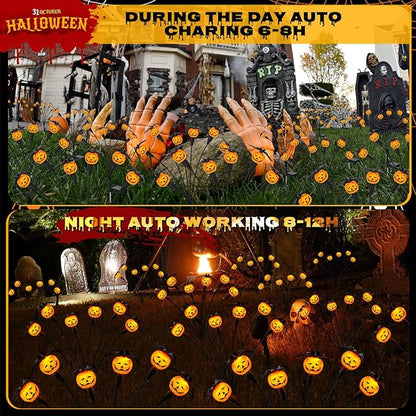 Halloween Decorations Outdoor 4 Pack Solar Lights, 24 LED Scary Pumpkin Swaying Firefly Lights with Spider & Bats for Outside Garden Yard Lawn Grave Cemetery Ghost Decor Party, Orange