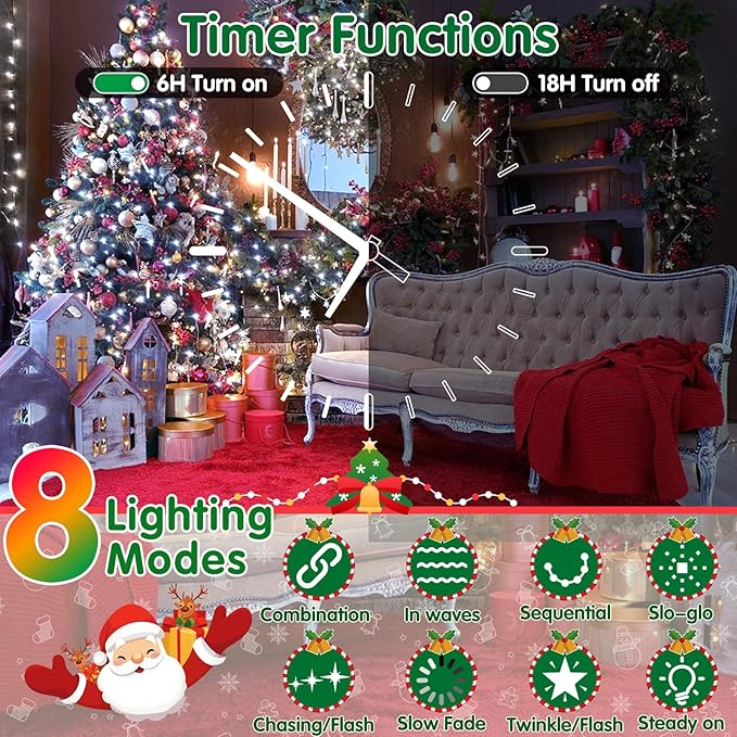 XURISEN Christmas Lights Outdoor 197FT 500 LED Green Wire String Lights 8 Modes with Timer Memory Waterproof Fairy Light Plug in for Xmas Tree Wedding Yard Party Holiday Decorations(Cool White)