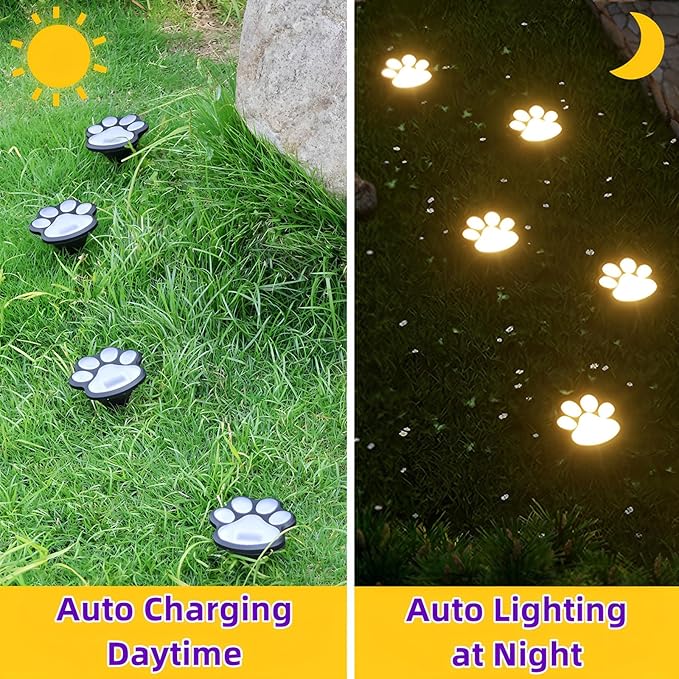 4 Pack Paw Print Solar Light Outdoor,Solar Dog Paw Light for Garden Decorations,IP65 Waterproof Solar Powered Yard Cat Puppy Lights for Lawn Pet Cemetery Pathway Patio Pet Lovers (Warm Light)