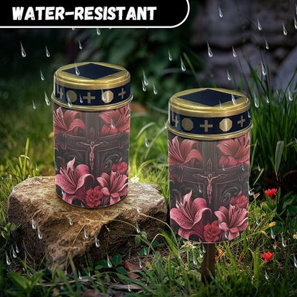HUGS IDEA Lily Cross Solar Grave Lights Waterproof Solar Lights Outdoor Garden Ornaments Memorial Decor Religious Cemetery Lighting for Gardens & All Saints Day