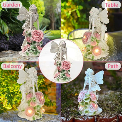 Solar Garden Statues Lights, Flower Fairy Figurine Lights Landscape Light, Resin Angel Figurines for Art Decor, Outdoor Lawn Decor Gifts Garden Figurine for Yard Lawn Patio Balcony (Flower Fairy)