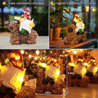 DKJOCKY Gnome Garden Decor Statue with Solar Light Lantern, Highland Cow Birthday Gifts for Women Mom Grandma, Funny Waterproof Resin Figurine Outdoor Decorations for Yard Patio Lawn Balcony Porch