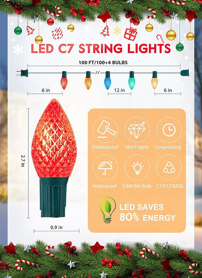 Multicolor C7 LED Christmas Lights Outdoor, 100FT Colorful Christmas String Lights with 100+4 Plastic Bulbs, Traditional Hanging Holiday Lights for Christmas Tree Patio Fence Roofline Xmas Decorations