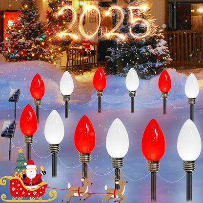 Jumbo C9 Christmas Decorations Outdoor Waterproof, 12 Pack Red And White Solar Christmas Lights Outdoor With Pathway Stakes, Solar Powered Lights For Outside Yard Lawns Garden Christmas Decorations