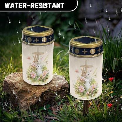 White Bunny Outdoor Solar Lights for Yard Decorative Waterproof Easter Solar Cross Light for Cemetery Grave Flameless Candle for Garden Backyard Outdoor Decor Multipurpose Solar Lights