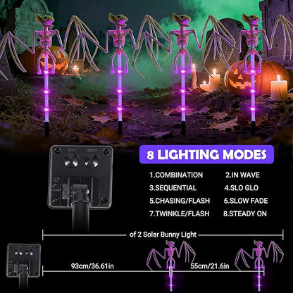 2Pack Halloween Outdoor Solar Garden Light 3D Terrifying Bat Purple Light Pole, Halloween Path Light, Suitable for Courtyard, Garden, and Party Decoration