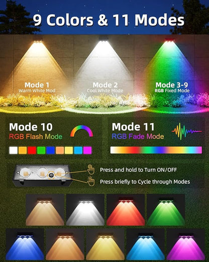 Solar Fence Lights Outdoor, 8 Pack, 9 Fixed Colors ＆ Color Changing Fence Lights Solar Powered Waterproof IP65 Dusk-to-Dawn LED Deck Lighting for Patio, Railing, Pool, Porch, Backyard, Wall