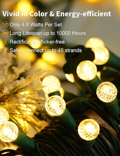 BOHON Warm White Christmas Lights 17FT 50 LED Faceted G15 Globe String Lights Outdoor Plug in Commercial Lighting Grade Tree Decorations for Indoor Xmas Decor, Green Wire, Waterproof