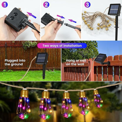 Solar Outdoor String Lights 2Pack 24FT Vintage Rope Hemp Solar Lights with 20 Shatterproof Bulbs,8 Modes Solar Powered Lights with Memory Function, Waterproof for Fence,Balcony,Yard(Multicolor)