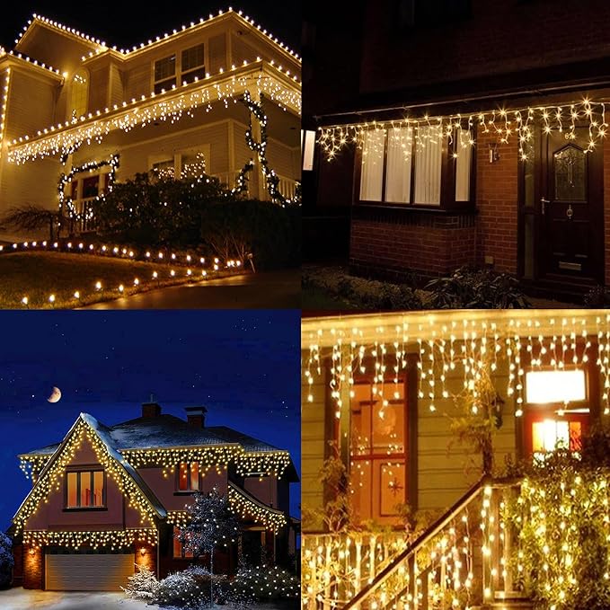 Dazzle Bright 360 LED Christmas Icicle Lights, 29.5 FT 8 Modes Curtain Fairy Lights with 60 Drops, Connectable Xmas String Lights for Outside Holiday Wedding Party Decorations (Warm White) (Pack of 2)