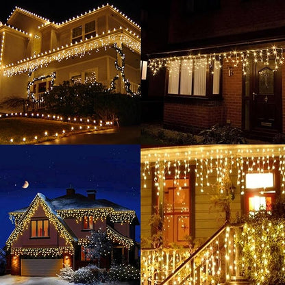 Dazzle Bright 360 LED Christmas Icicle Lights, 29.5 FT 8 Modes Curtain Fairy Lights with 60 Drops, Connectable Xmas String Lights for Outside Holiday Wedding Party Decorations (Warm White) (Pack of 2)