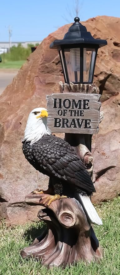 Ebros Home of The Brave Patriotic American Bald Eagle Perching On Tree Stump Garden Courtesy Night Light Statue Solar LED Lantern Lamp Guest Greeter Decor for Patio Poolside Home Figurine