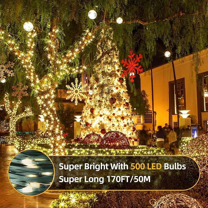 Tcamp 164 Feet 500 LED Christmas Lights, 8 Modes Christmas Tree Lights with Timer Memory Function, Green Wire Starry Fairy String Light for Xmas Tree Halloween Outdoor Indoor Decor (Warm White)